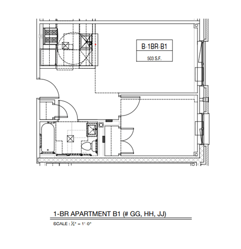 Floor plan for 1 bed, 1 bath, 524 sqft